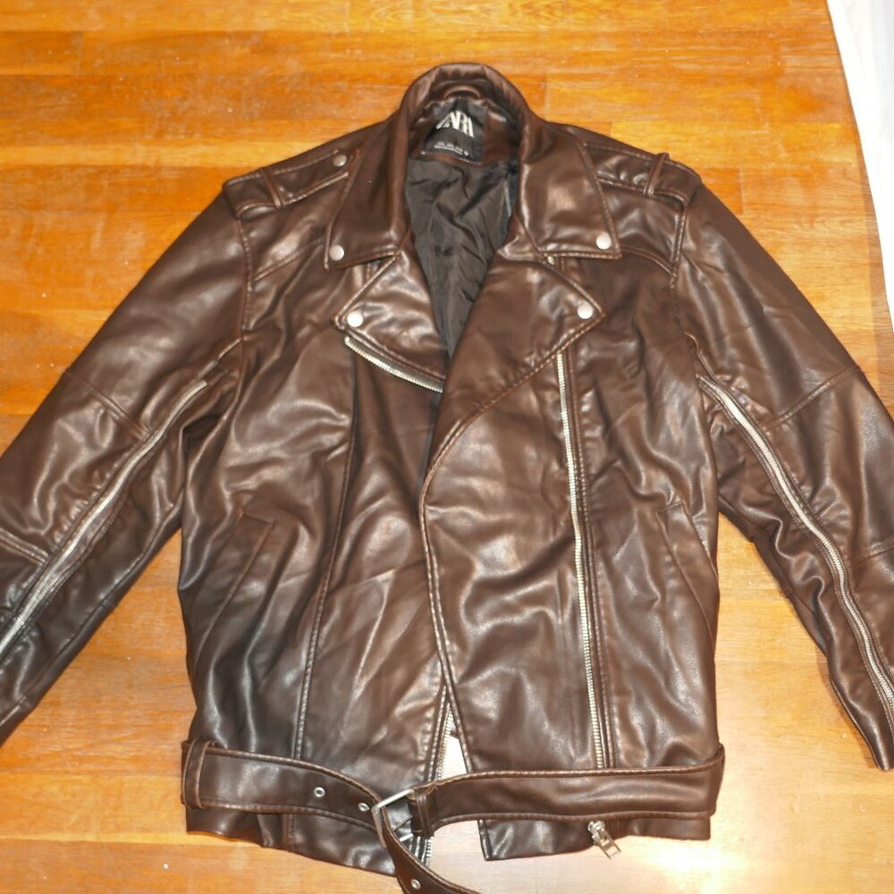 Mens Large ZARA FAUX LEATHER BROWN JACKET COAT * RIGHT ARM ZIPPER NEEDS FIXING